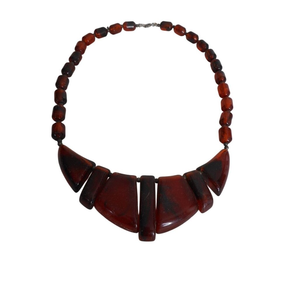 Vintage 1980s Tortoise Amber Acrylic Bib Necklace  Articulated Geometric Fan